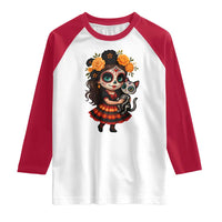 Day Of The Dead Latina Raglan Shirt Cute Girl With Skeleton Kitten Floral Skull - Wonder Print Shop