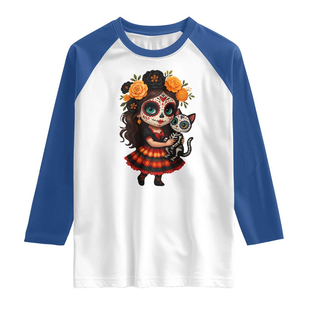 Day Of The Dead Latina Raglan Shirt Cute Girl With Skeleton Kitten Floral Skull - Wonder Print Shop
