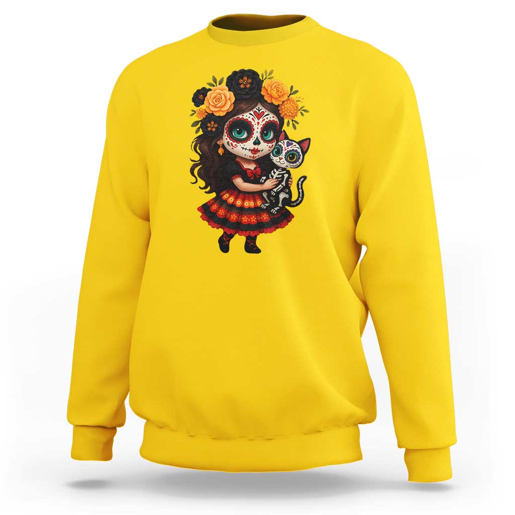 Day Of The Dead Latina Sweatshirt Cute Girl With Skeleton Kitten Floral Skull - Wonder Print Shop