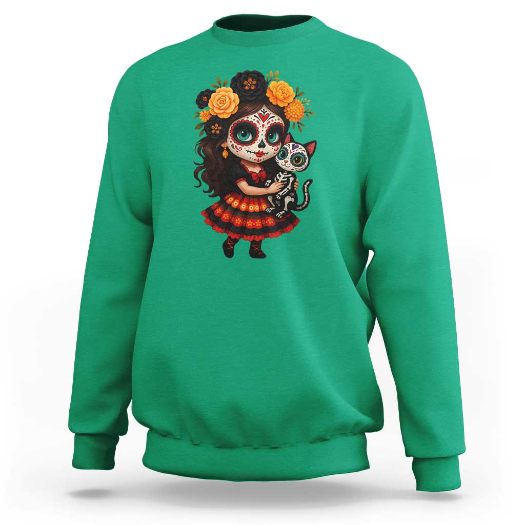 Day Of The Dead Latina Sweatshirt Cute Girl With Skeleton Kitten Floral Skull - Wonder Print Shop