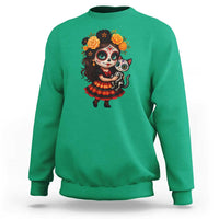 Day Of The Dead Latina Sweatshirt Cute Girl With Skeleton Kitten Floral Skull - Wonder Print Shop