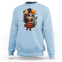 Day Of The Dead Latina Sweatshirt Cute Girl With Skeleton Kitten Floral Skull - Wonder Print Shop