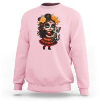 Day Of The Dead Latina Sweatshirt Cute Girl With Skeleton Kitten Floral Skull - Wonder Print Shop