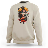 Day Of The Dead Latina Sweatshirt Cute Girl With Skeleton Kitten Floral Skull - Wonder Print Shop