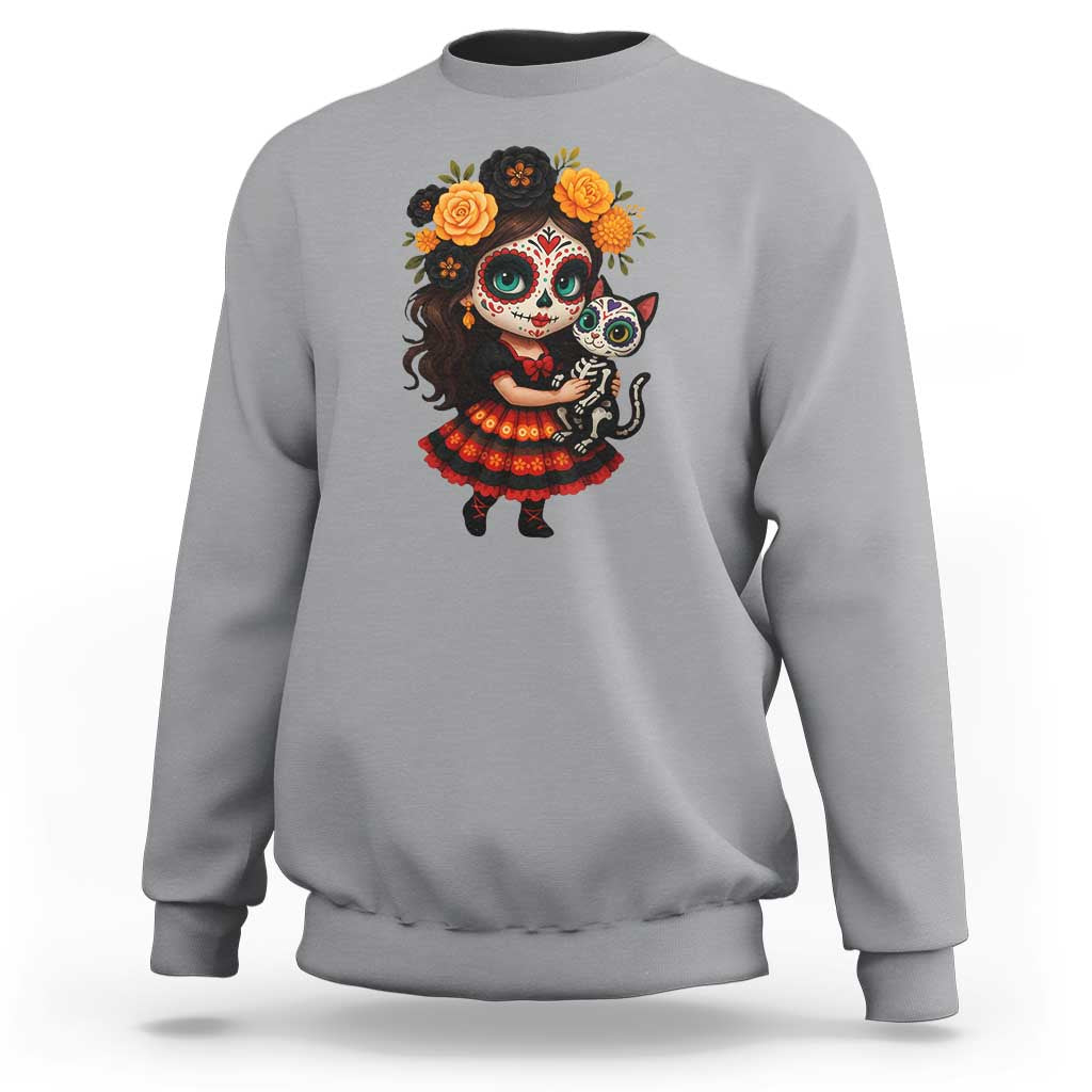 Day Of The Dead Latina Sweatshirt Cute Girl With Skeleton Kitten Floral Skull - Wonder Print Shop
