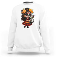 Day Of The Dead Latina Sweatshirt Cute Girl With Skeleton Kitten Floral Skull - Wonder Print Shop