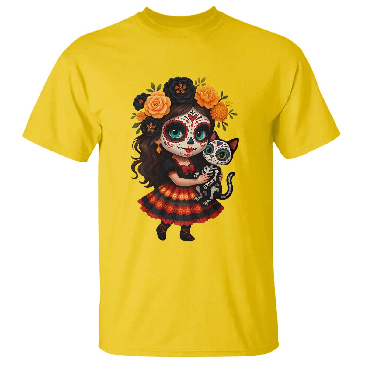Day Of The Dead Latina T Shirt Cute Girl With Skeleton Kitten Floral Skull - Wonder Print Shop
