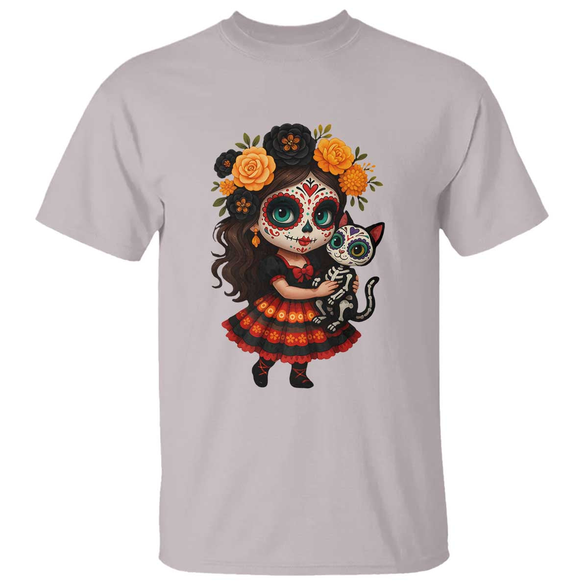 Day Of The Dead Latina T Shirt Cute Girl With Skeleton Kitten Floral Skull - Wonder Print Shop