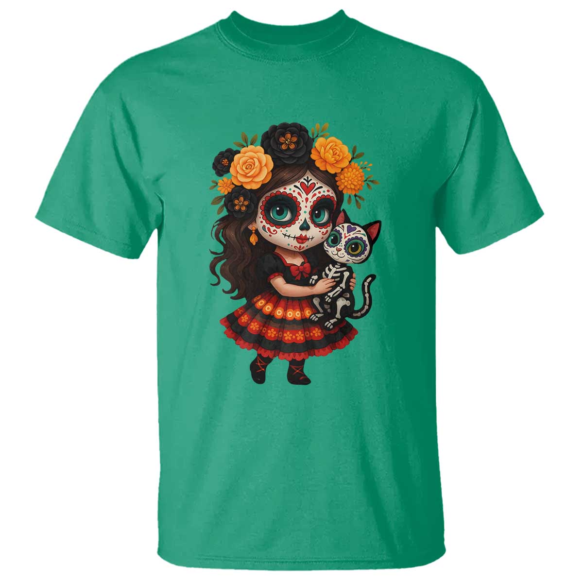 Day Of The Dead Latina T Shirt Cute Girl With Skeleton Kitten Floral Skull - Wonder Print Shop
