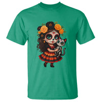 Day Of The Dead Latina T Shirt Cute Girl With Skeleton Kitten Floral Skull - Wonder Print Shop