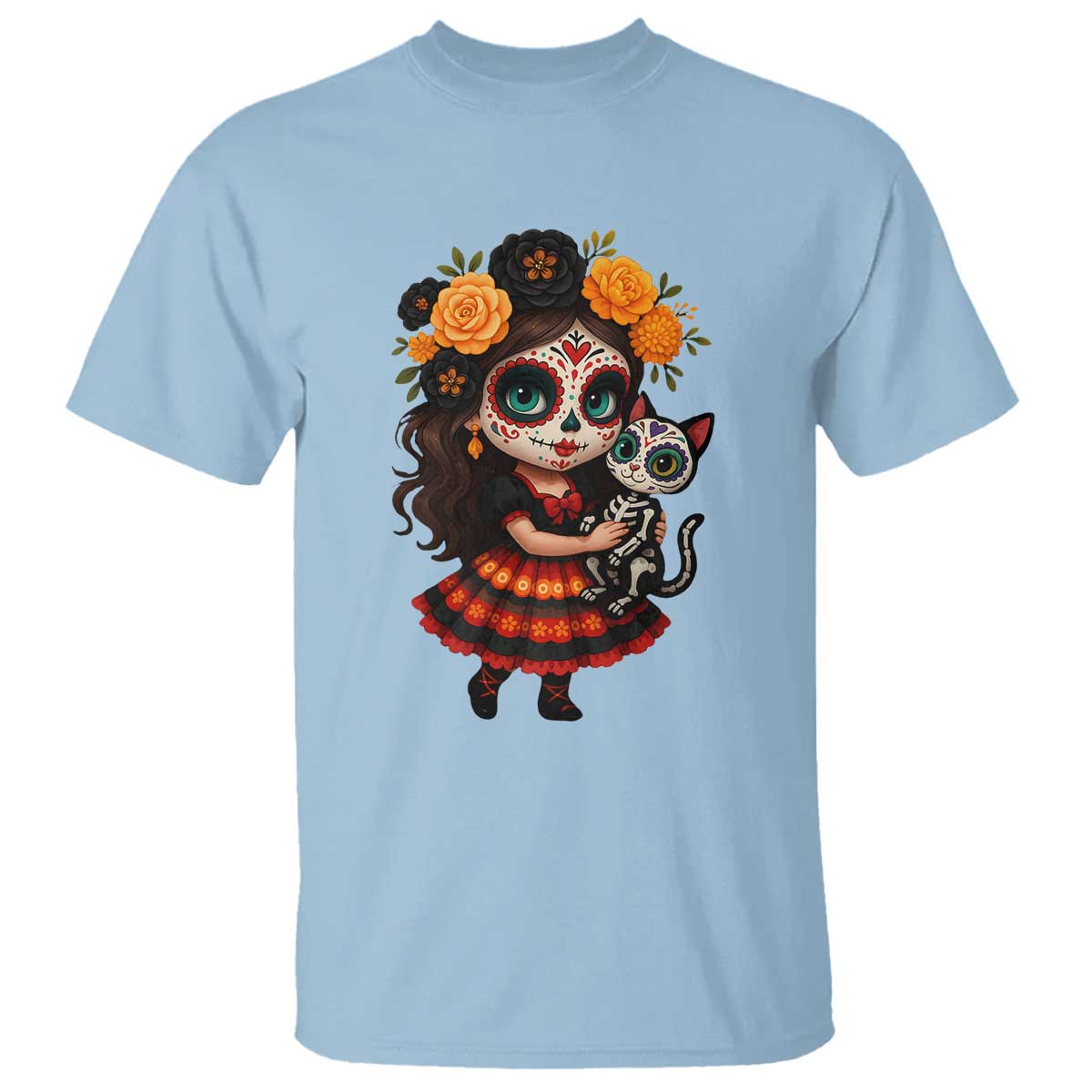 Day Of The Dead Latina T Shirt Cute Girl With Skeleton Kitten Floral Skull - Wonder Print Shop