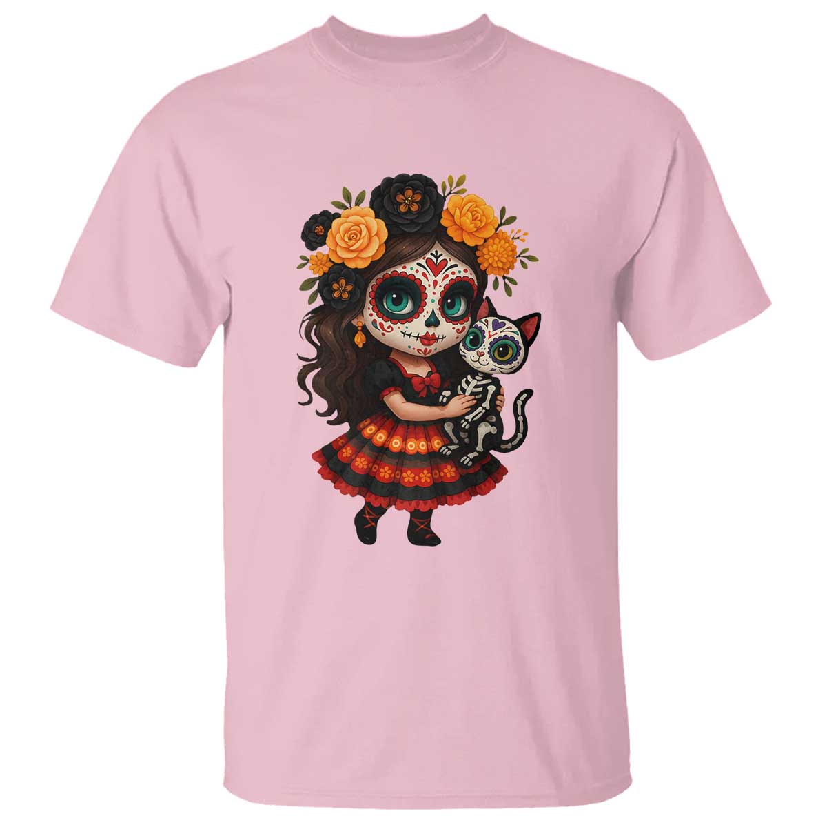 Day Of The Dead Latina T Shirt Cute Girl With Skeleton Kitten Floral Skull - Wonder Print Shop