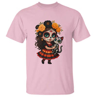 Day Of The Dead Latina T Shirt Cute Girl With Skeleton Kitten Floral Skull - Wonder Print Shop