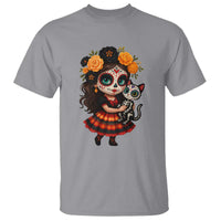 Day Of The Dead Latina T Shirt Cute Girl With Skeleton Kitten Floral Skull - Wonder Print Shop