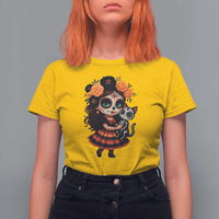 Day Of The Dead Latina T Shirt For Women Cute Girl With Skeleton Kitten Floral Skull - Wonder Print Shop
