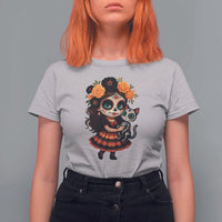 Day Of The Dead Latina T Shirt For Women Cute Girl With Skeleton Kitten Floral Skull - Wonder Print Shop