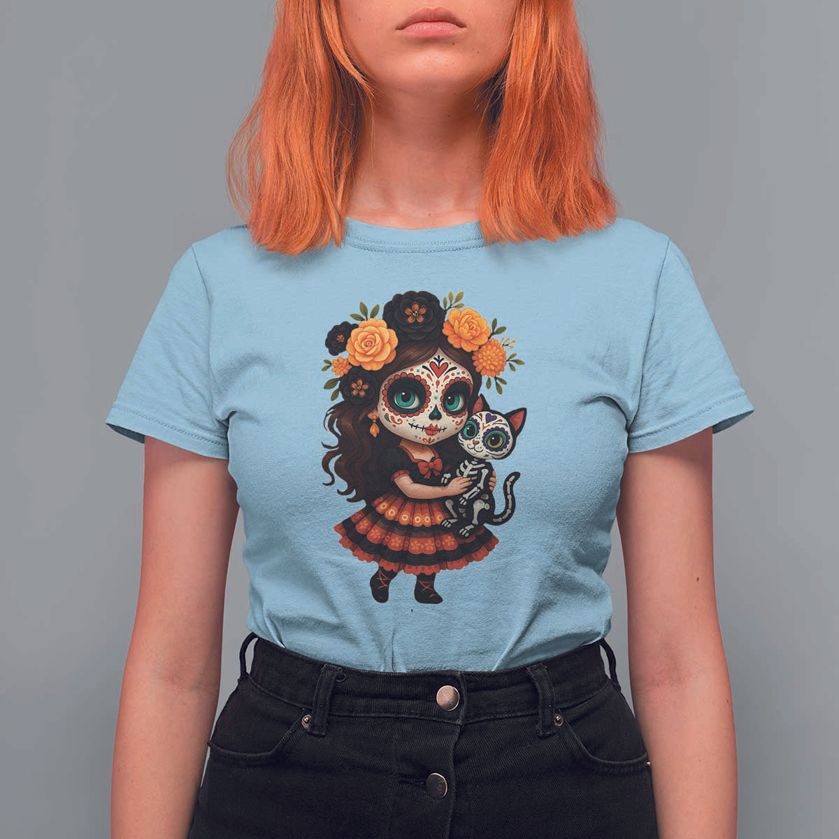 Day Of The Dead Latina T Shirt For Women Cute Girl With Skeleton Kitten Floral Skull - Wonder Print Shop