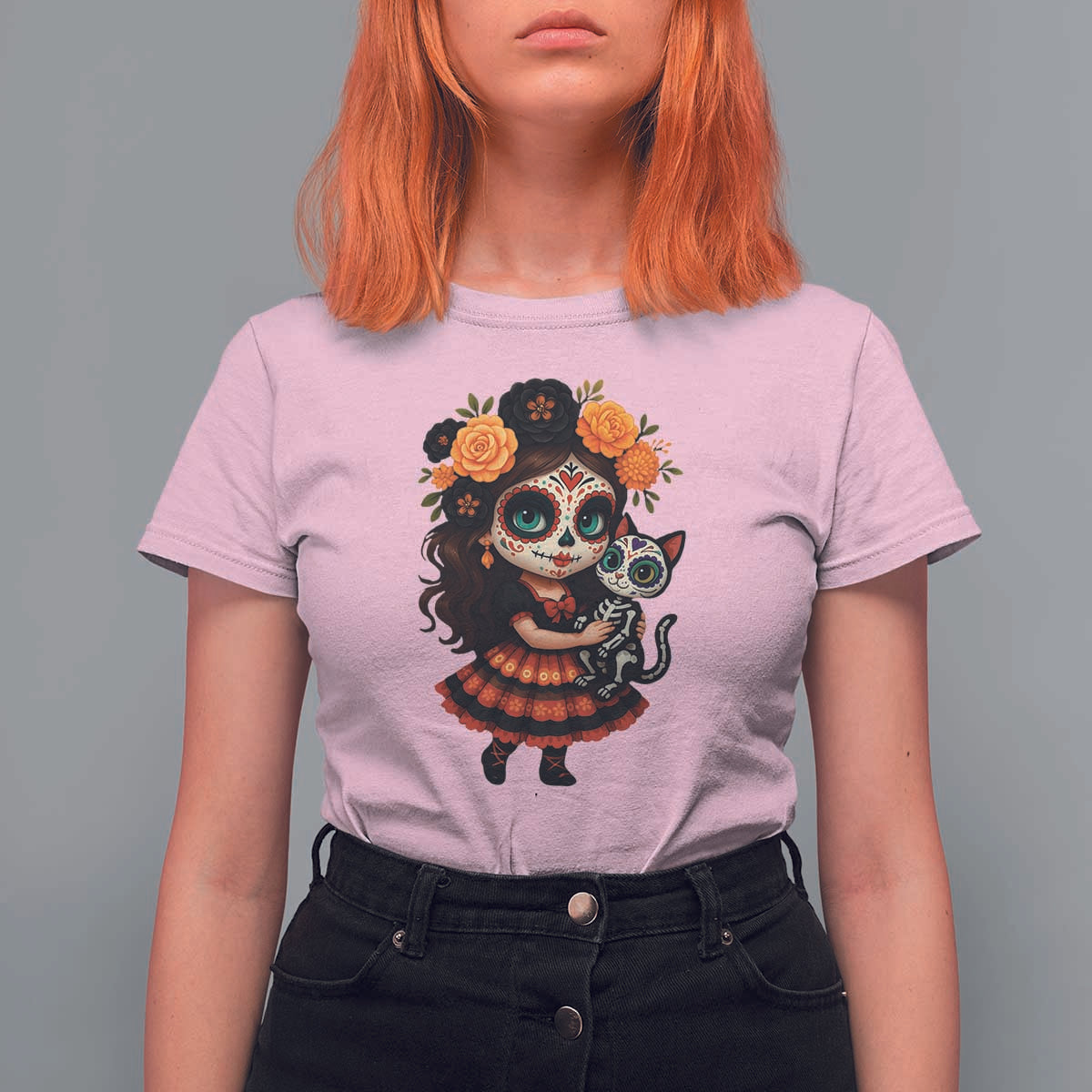 Day Of The Dead Latina T Shirt For Women Cute Girl With Skeleton Kitten Floral Skull - Wonder Print Shop