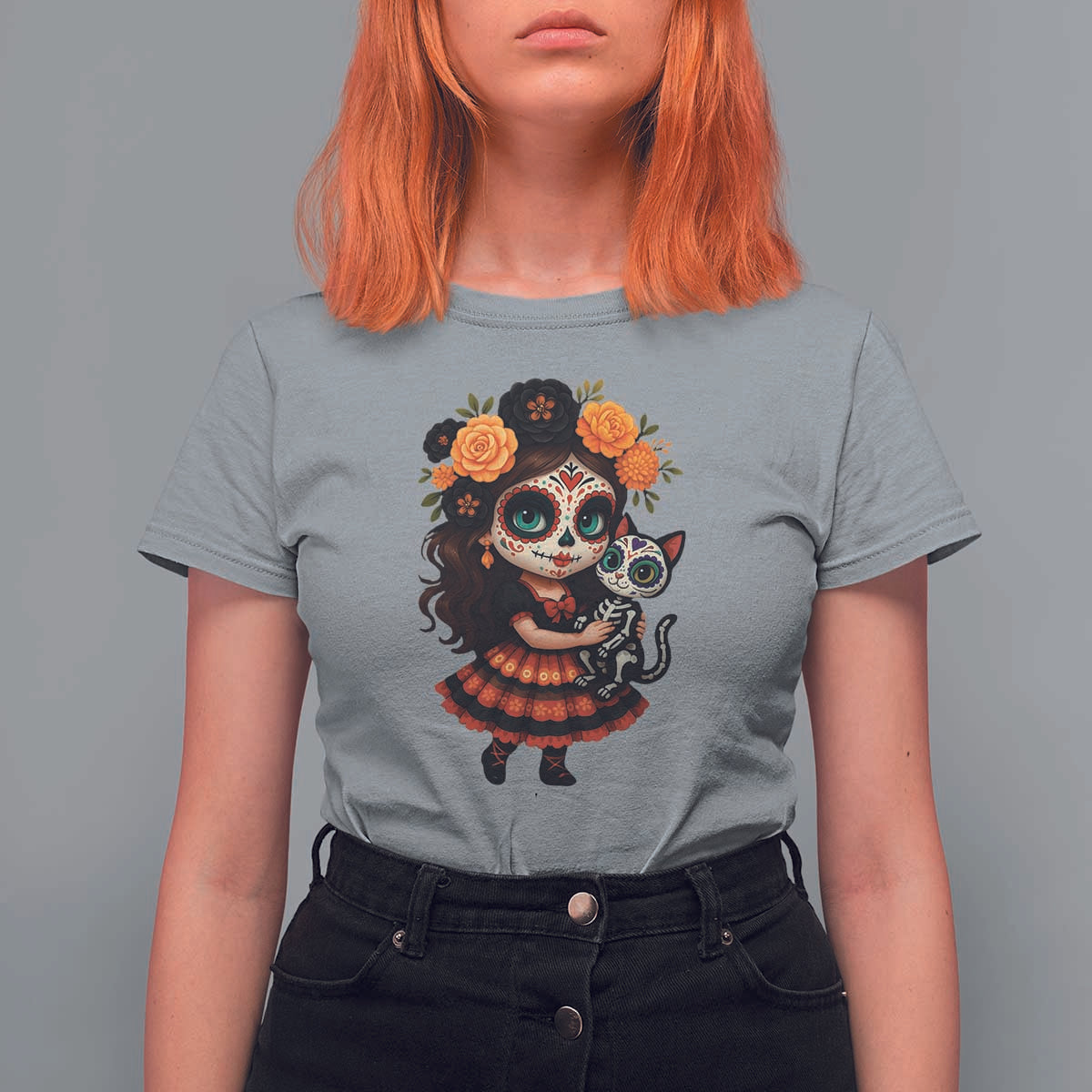 Day Of The Dead Latina T Shirt For Women Cute Girl With Skeleton Kitten Floral Skull - Wonder Print Shop