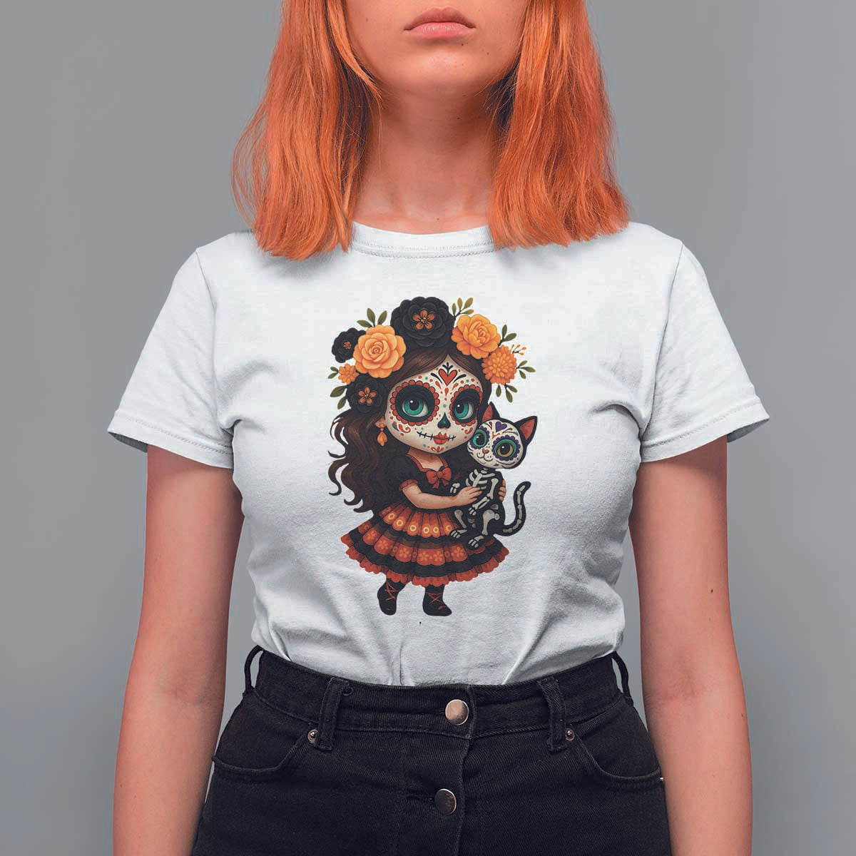 Day Of The Dead Latina T Shirt For Women Cute Girl With Skeleton Kitten Floral Skull - Wonder Print Shop