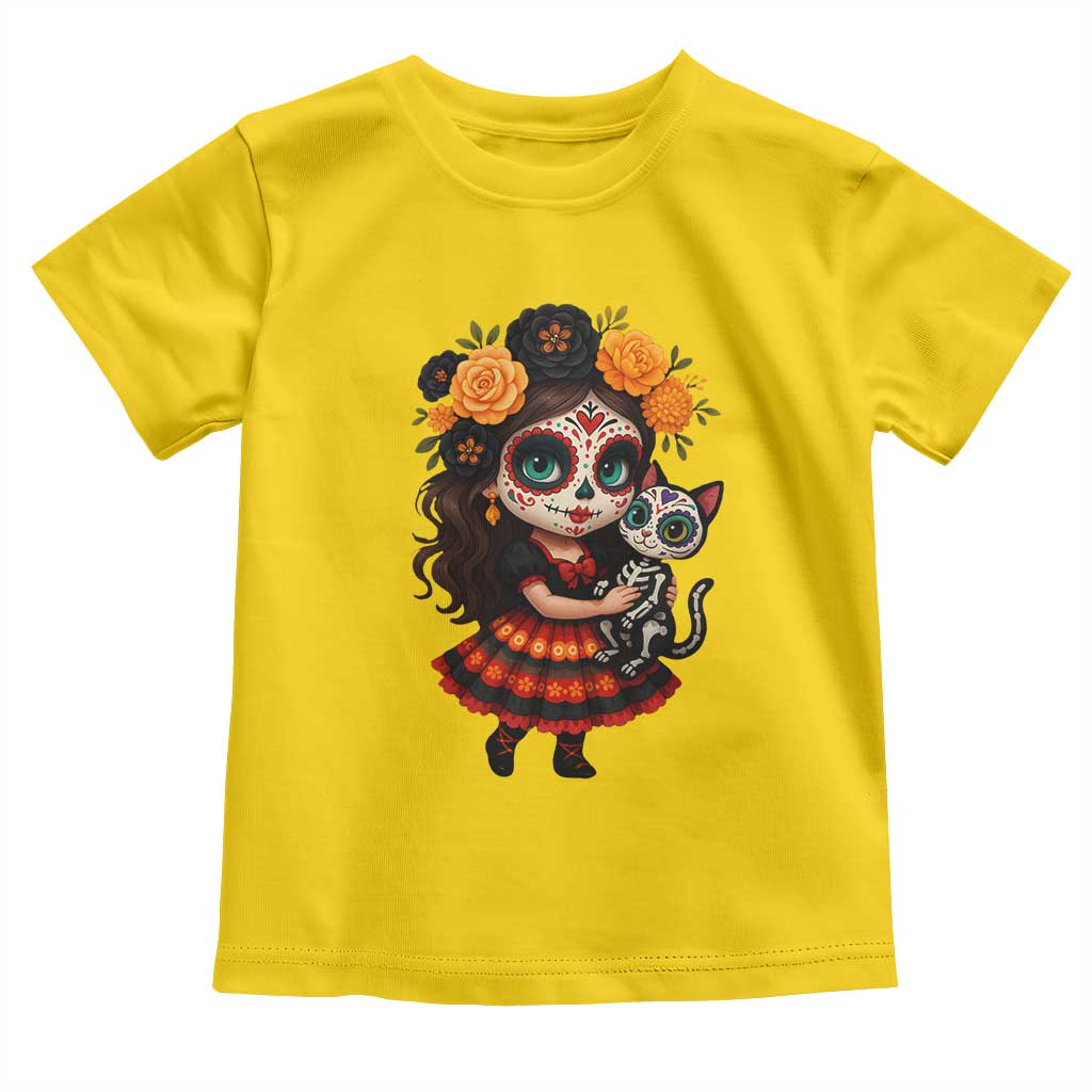 Day Of The Dead Latina Toddler T Shirt Cute Girl With Skeleton Kitten Floral Skull - Wonder Print Shop