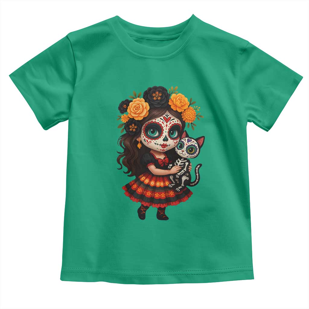 Day Of The Dead Latina Toddler T Shirt Cute Girl With Skeleton Kitten Floral Skull - Wonder Print Shop