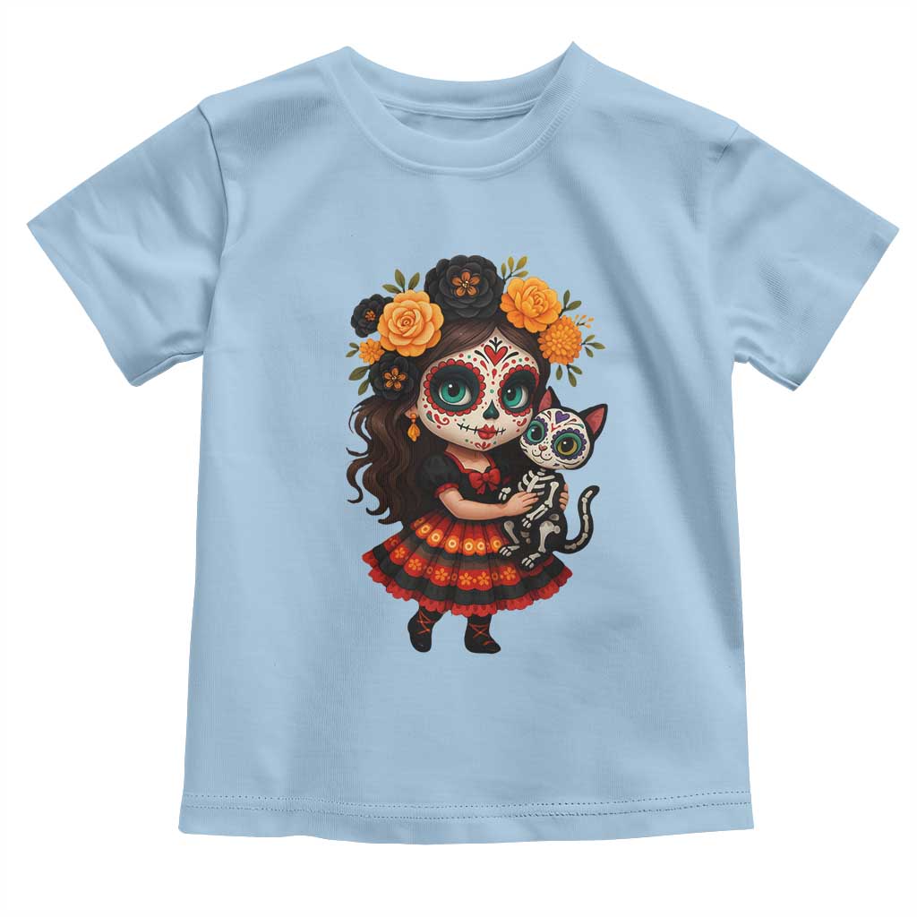 Day Of The Dead Latina Toddler T Shirt Cute Girl With Skeleton Kitten Floral Skull - Wonder Print Shop
