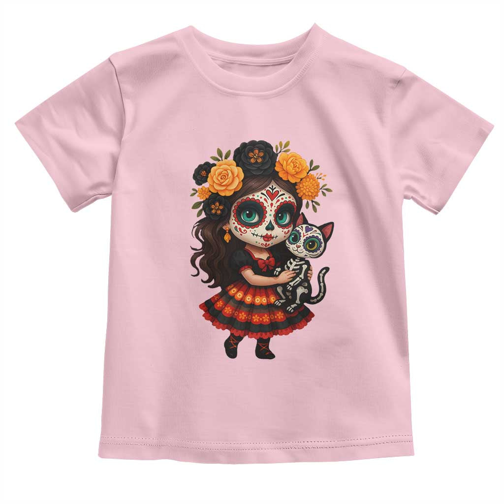 Day Of The Dead Latina Toddler T Shirt Cute Girl With Skeleton Kitten Floral Skull - Wonder Print Shop