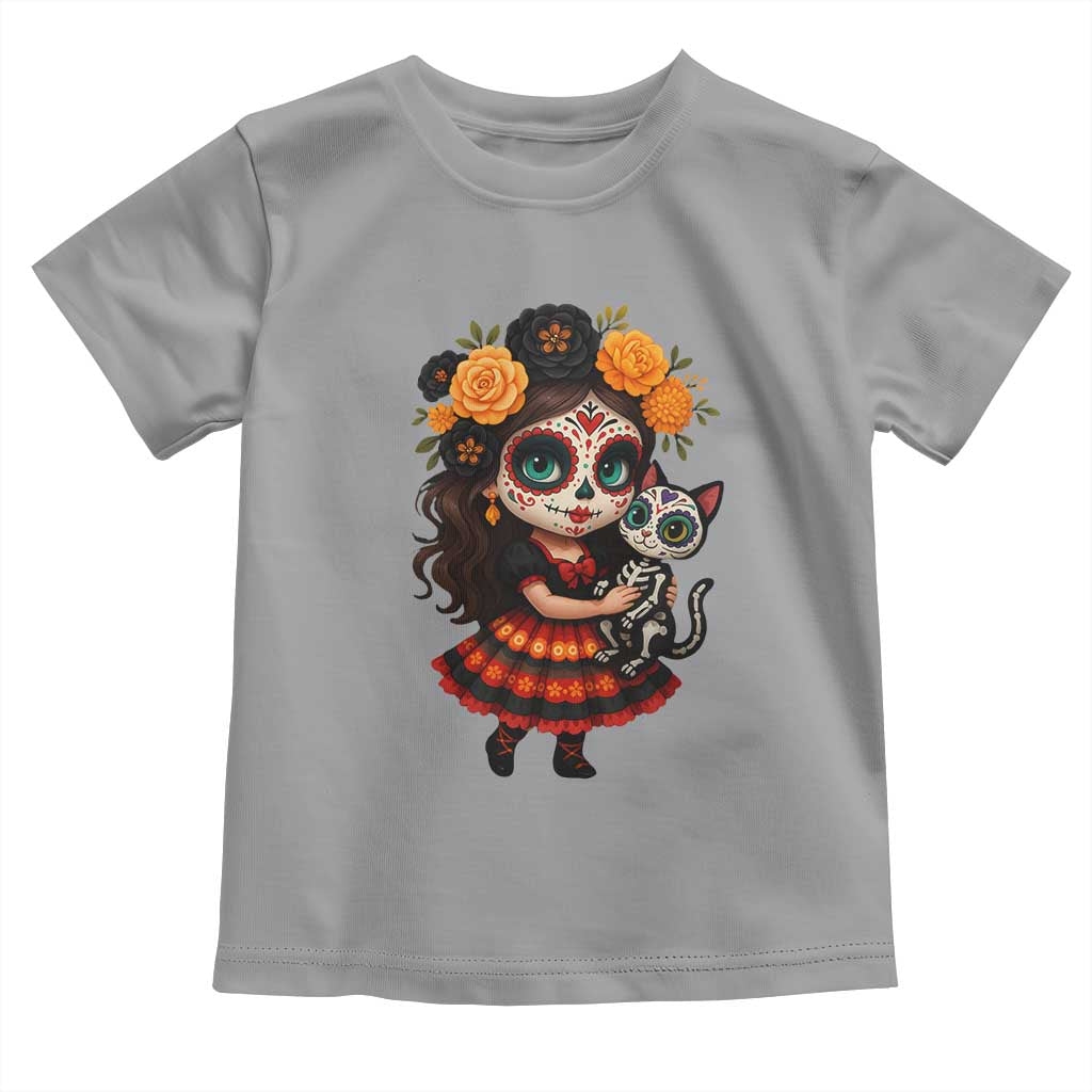Day Of The Dead Latina Toddler T Shirt Cute Girl With Skeleton Kitten Floral Skull - Wonder Print Shop
