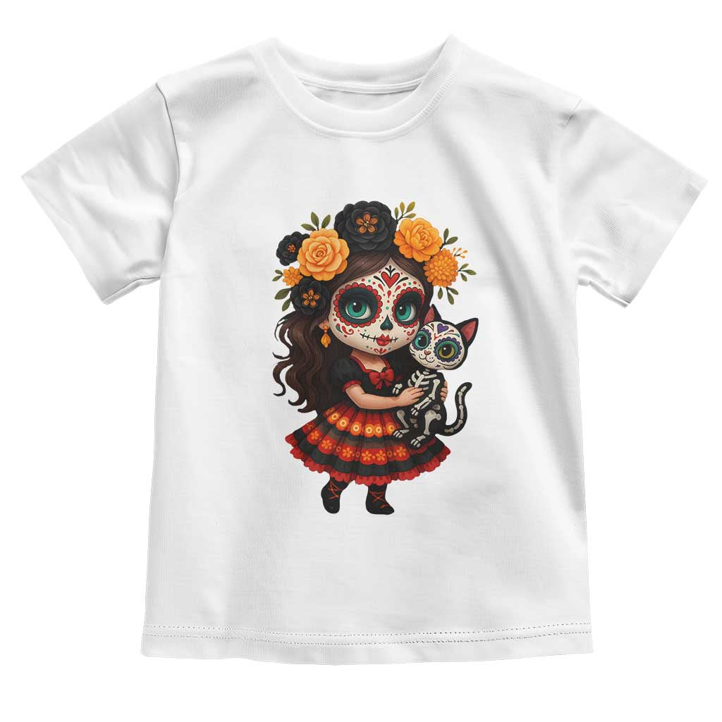 Day Of The Dead Latina Toddler T Shirt Cute Girl With Skeleton Kitten Floral Skull - Wonder Print Shop
