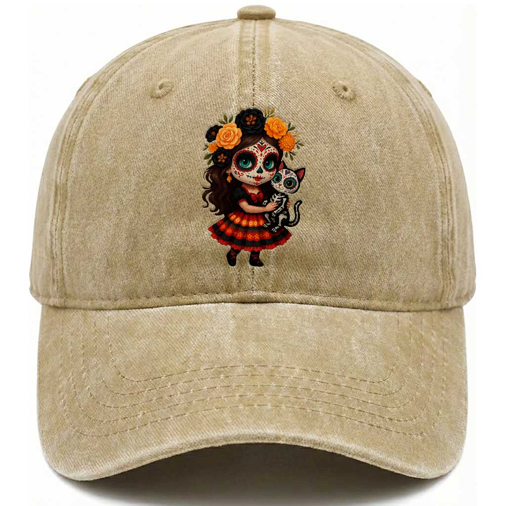Day Of The Dead Latina Washed Cotton Baseball Cap Cute Girl With Skeleton Kitten Floral Skull