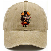 Day Of The Dead Latina Washed Cotton Baseball Cap Cute Girl With Skeleton Kitten Floral Skull