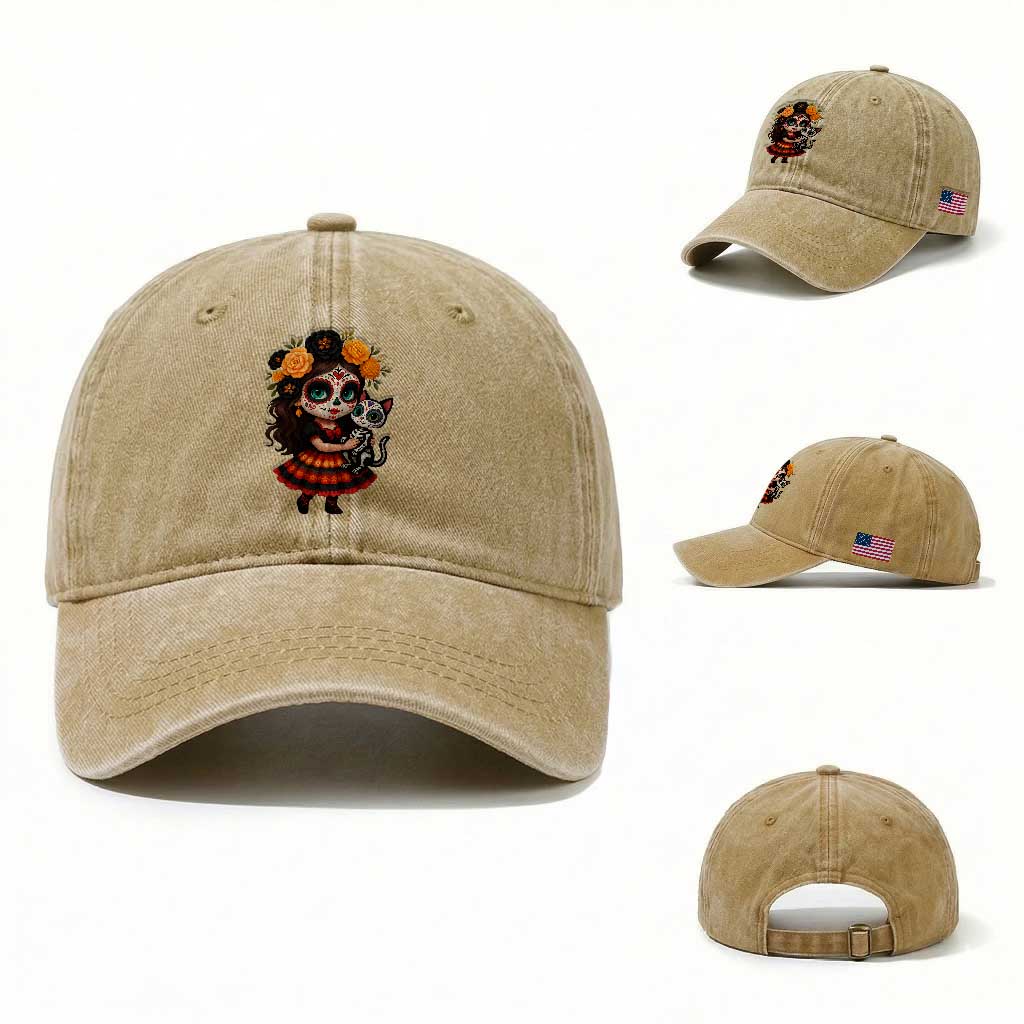Day Of The Dead Latina Washed Cotton Baseball Cap Cute Girl With Skeleton Kitten Floral Skull