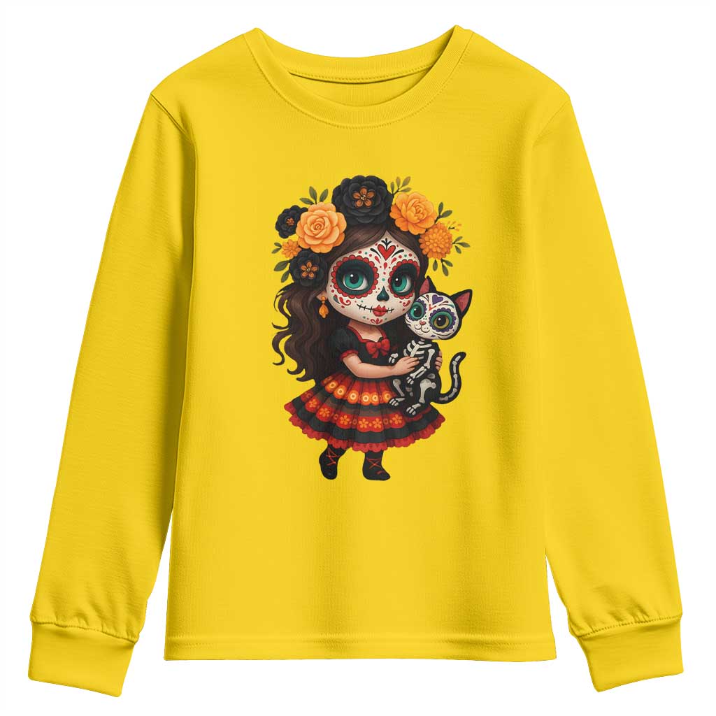 Day Of The Dead Latina Youth Sweatshirt Cute Girl With Skeleton Kitten Floral Skull - Wonder Print Shop