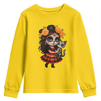 Day Of The Dead Latina Youth Sweatshirt Cute Girl With Skeleton Kitten Floral Skull - Wonder Print Shop