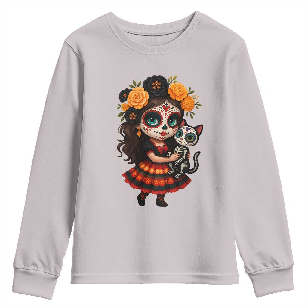 Day Of The Dead Latina Youth Sweatshirt Cute Girl With Skeleton Kitten Floral Skull - Wonder Print Shop