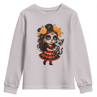 Day Of The Dead Latina Youth Sweatshirt Cute Girl With Skeleton Kitten Floral Skull - Wonder Print Shop