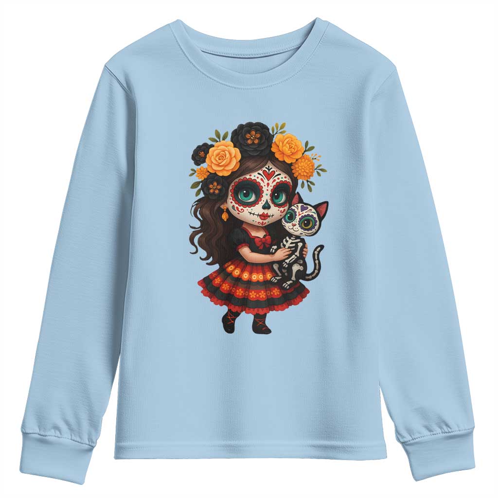 Day Of The Dead Latina Youth Sweatshirt Cute Girl With Skeleton Kitten Floral Skull - Wonder Print Shop
