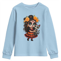 Day Of The Dead Latina Youth Sweatshirt Cute Girl With Skeleton Kitten Floral Skull - Wonder Print Shop