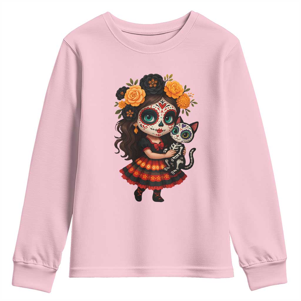 Day Of The Dead Latina Youth Sweatshirt Cute Girl With Skeleton Kitten Floral Skull - Wonder Print Shop