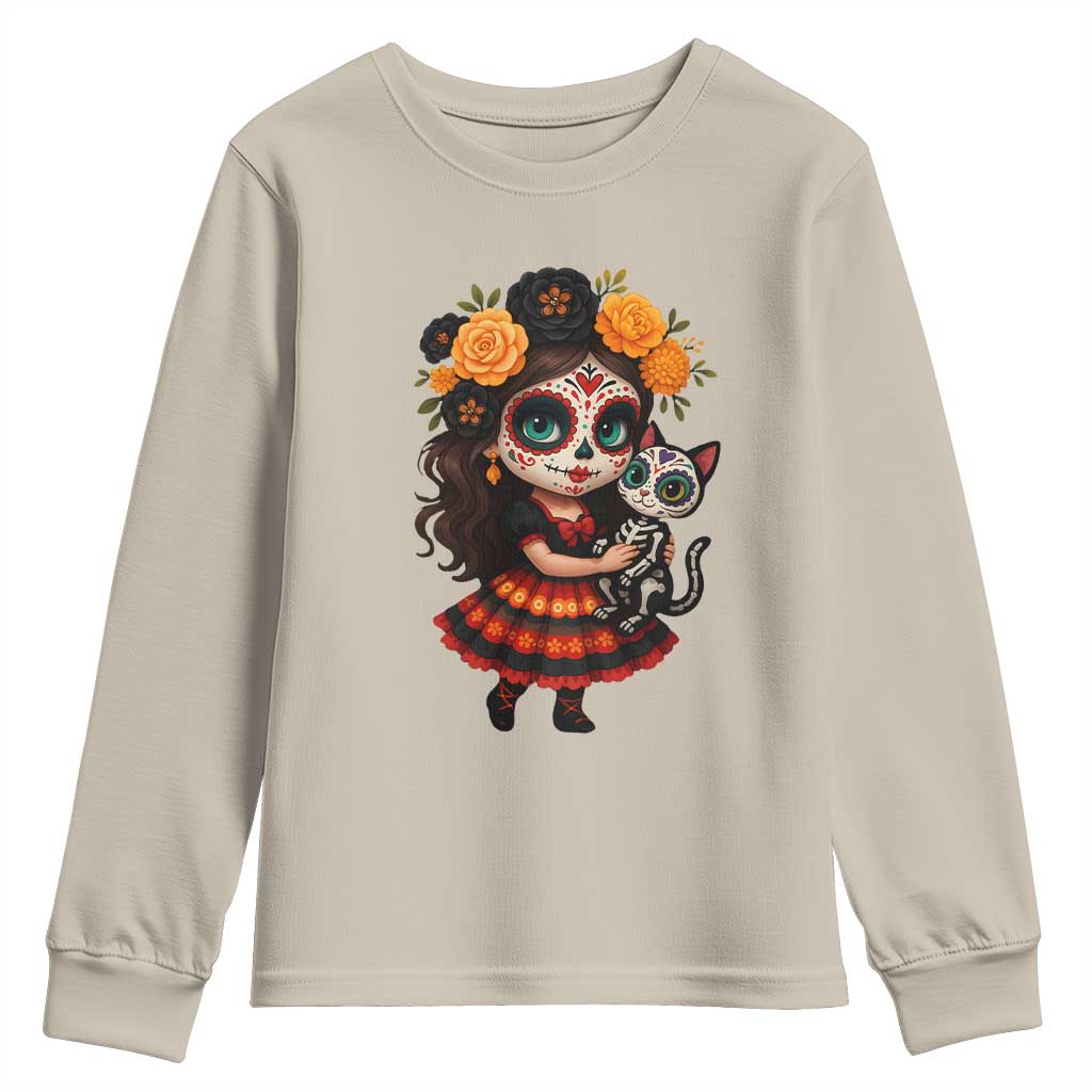 Day Of The Dead Latina Youth Sweatshirt Cute Girl With Skeleton Kitten Floral Skull - Wonder Print Shop