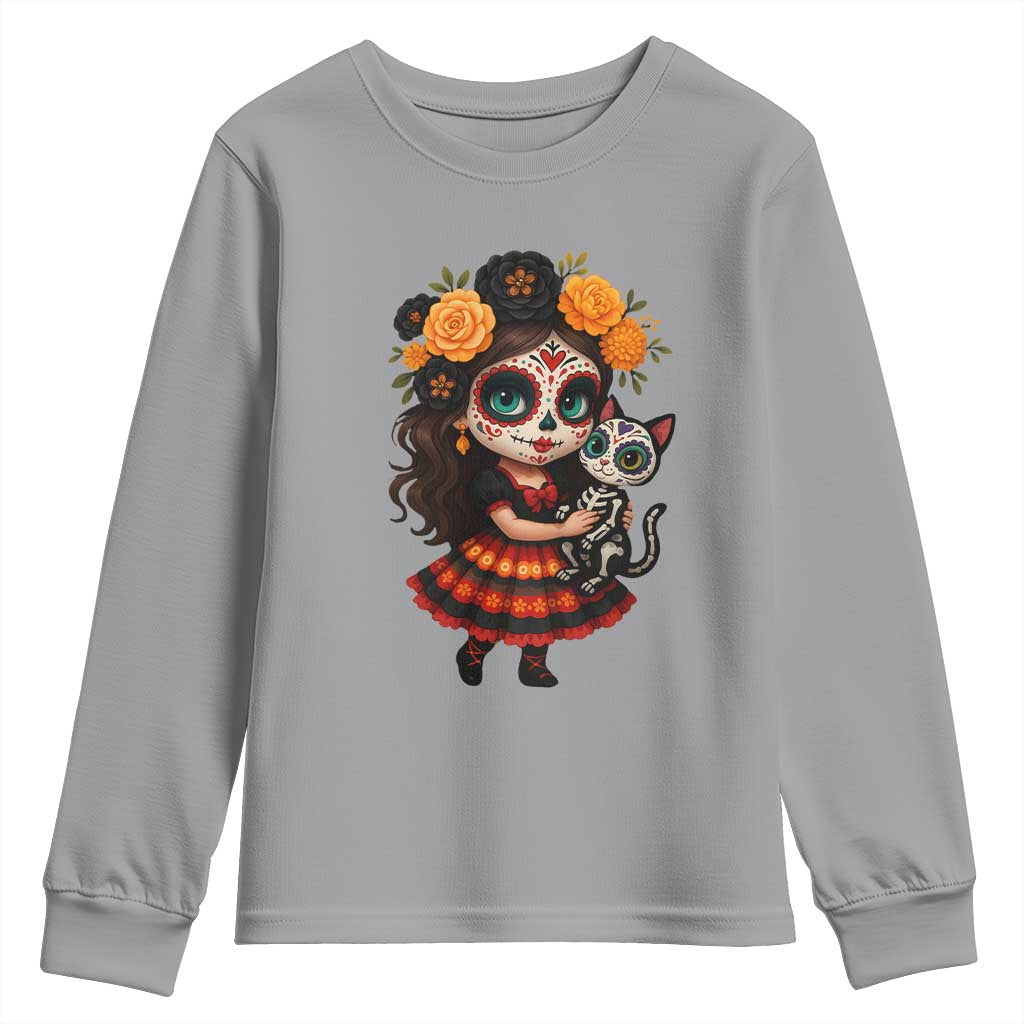 Day Of The Dead Latina Youth Sweatshirt Cute Girl With Skeleton Kitten Floral Skull - Wonder Print Shop