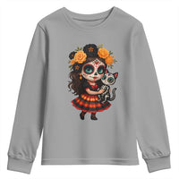 Day Of The Dead Latina Youth Sweatshirt Cute Girl With Skeleton Kitten Floral Skull - Wonder Print Shop