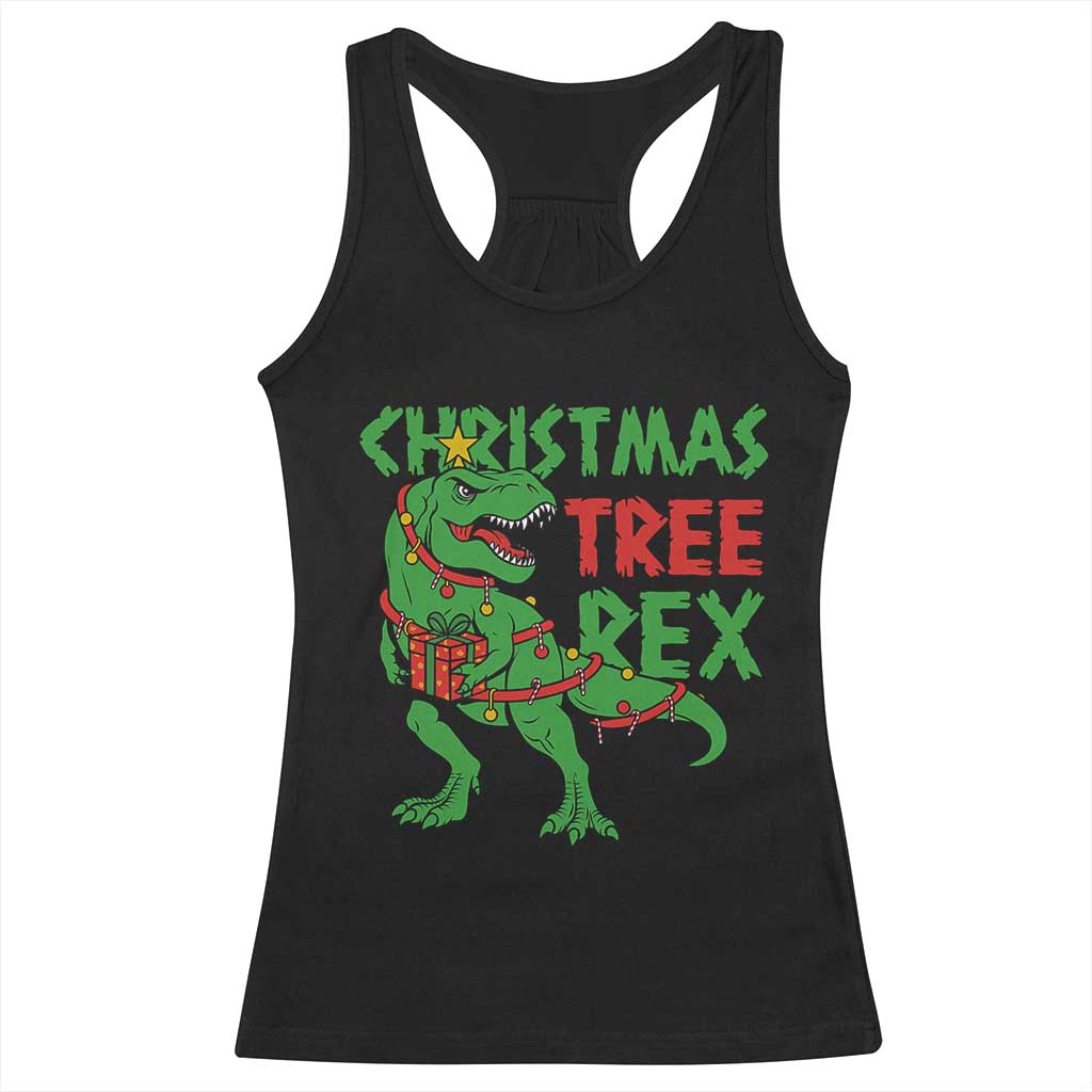 Christmas Dinosaur Racerback Tank Top Funny Tree Rex Xmas Light - Wonder Print Shop