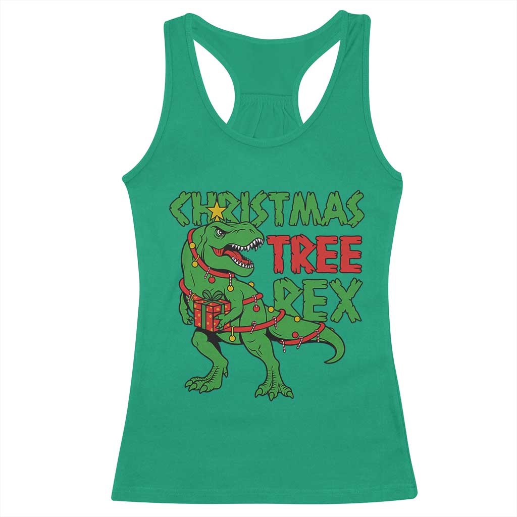 Christmas Dinosaur Racerback Tank Top Funny Tree Rex Xmas Light - Wonder Print Shop