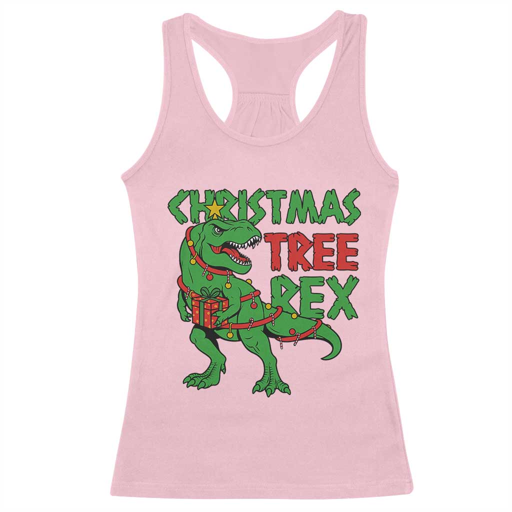 Christmas Dinosaur Racerback Tank Top Funny Tree Rex Xmas Light - Wonder Print Shop