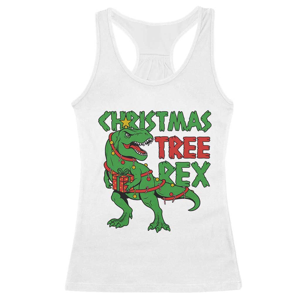 Christmas Dinosaur Racerback Tank Top Funny Tree Rex Xmas Light - Wonder Print Shop
