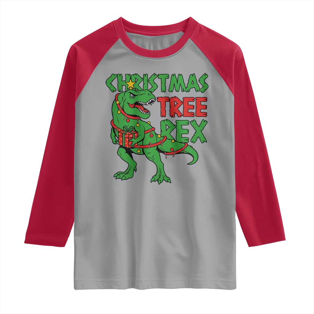 Christmas Dinosaur Raglan Shirt Funny Tree Rex Xmas Light - Wonder Print Shop