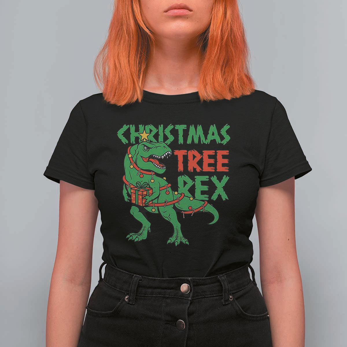 Christmas Dinosaur T Shirt For Women Funny Tree Rex Xmas Light - Wonder Print Shop