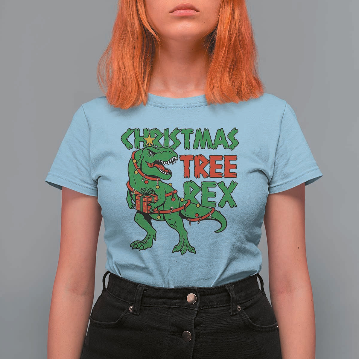 Christmas Dinosaur T Shirt For Women Funny Tree Rex Xmas Light - Wonder Print Shop